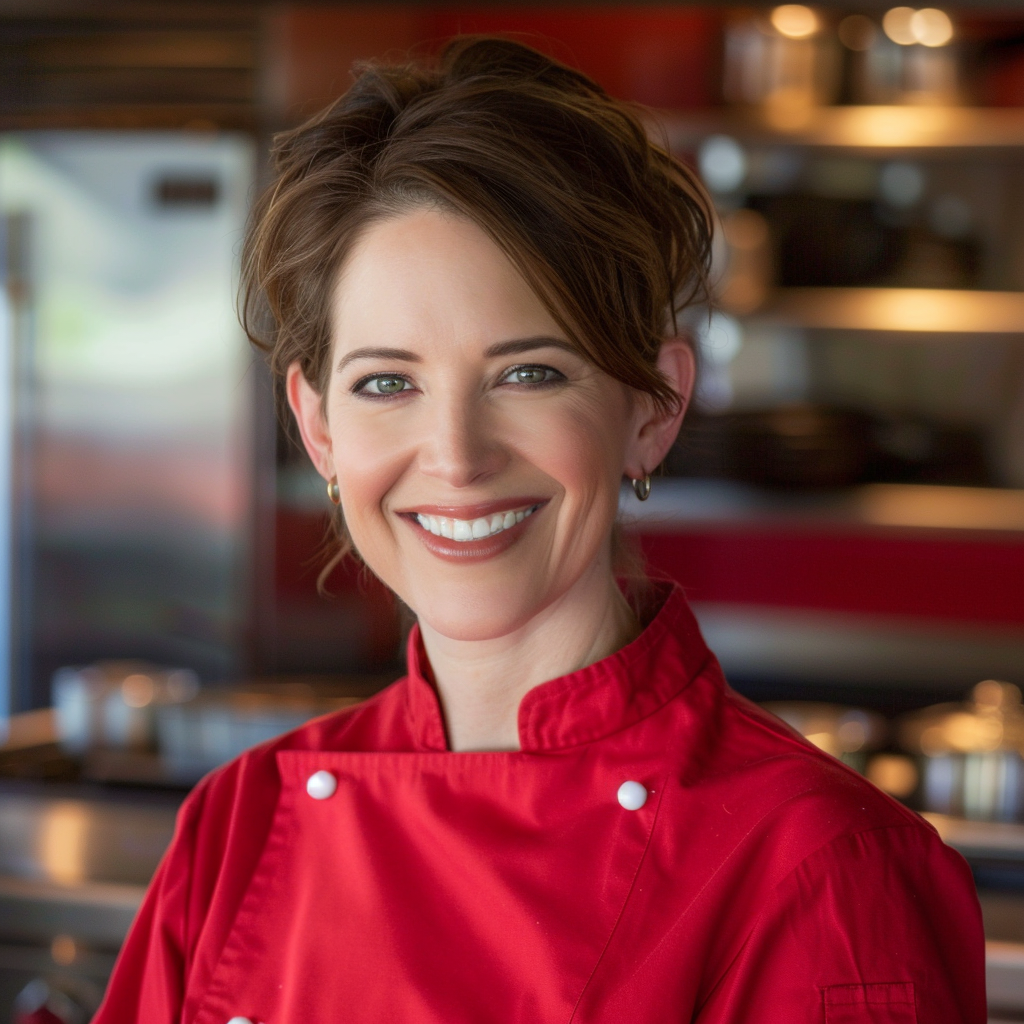 Smiling woman in a red chef’s coat standing in a modern kitchen